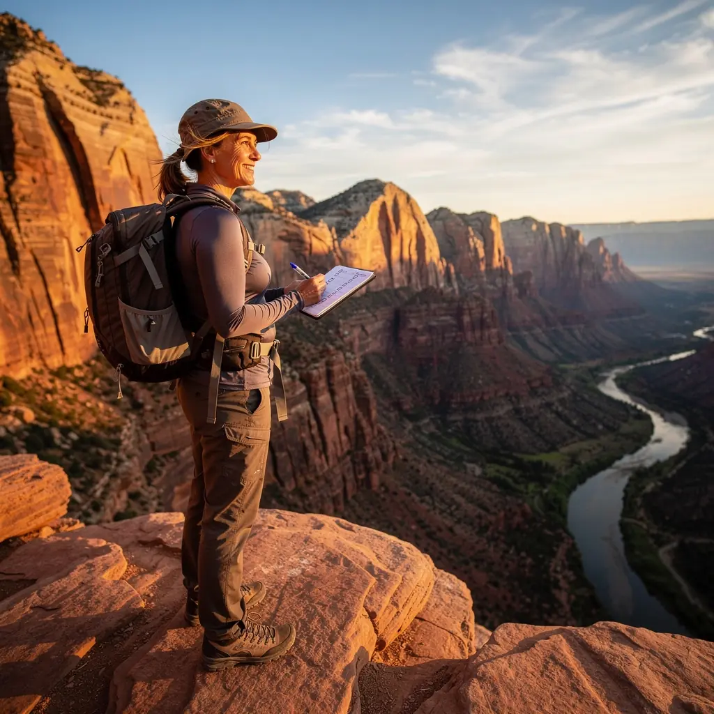 Zestaw niezbędnych akcesoriów turystycznych, w tym plecak, woda i przekąski.